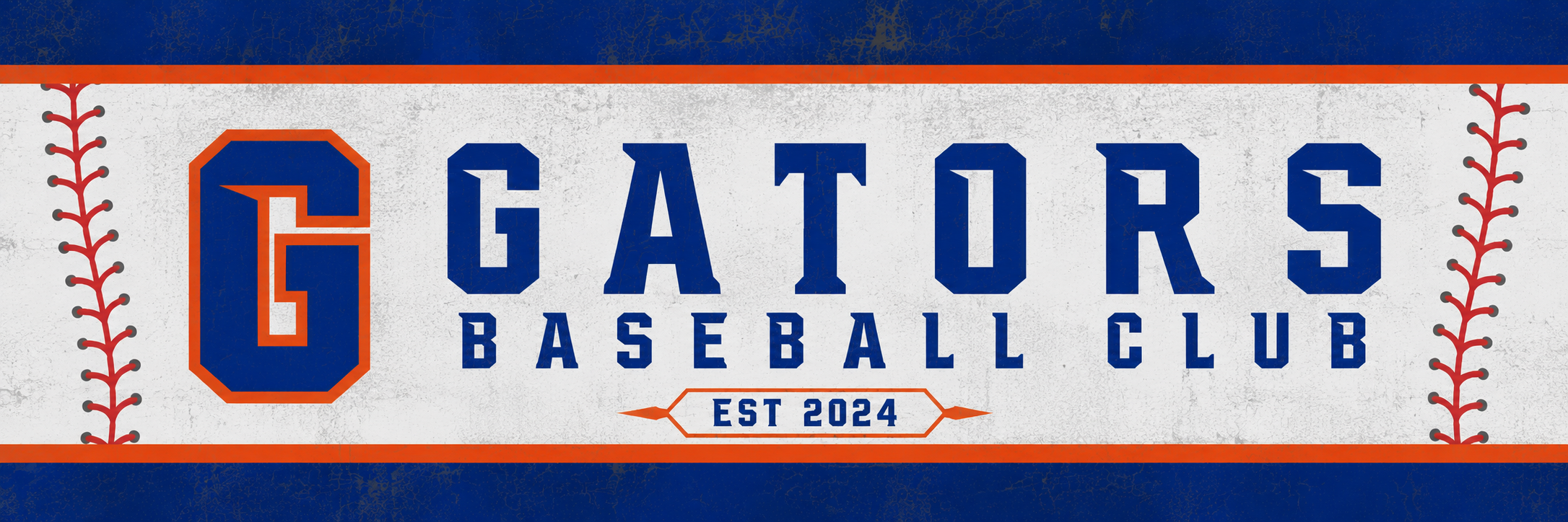 Gators Baseball Club vintage banner, established 2024, with blue varsity lettering, orange trim, and baseball stitching